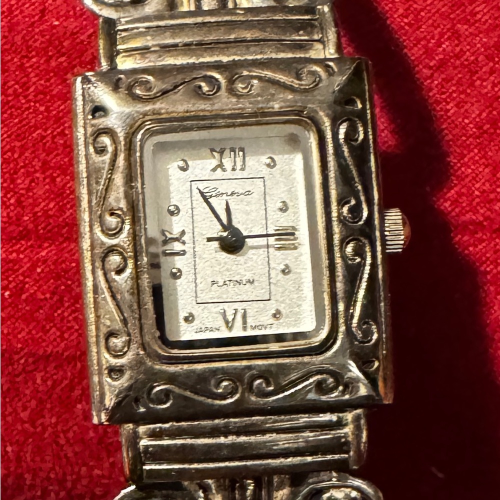 Lot of 2 Geneva Silver Watches Ornate Art Deco Style 1 Leather Band 1 Bangle